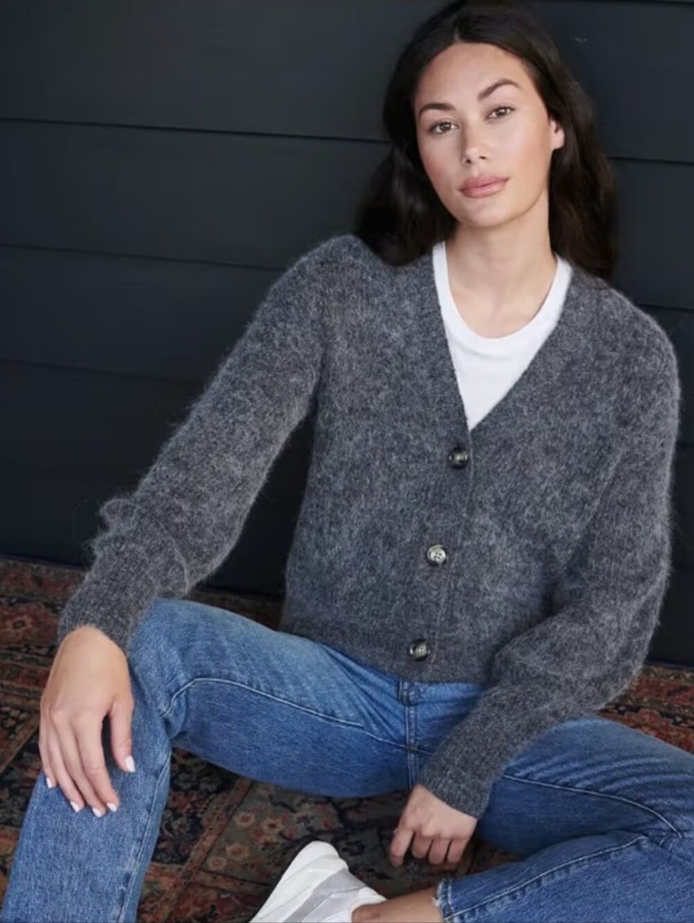 QUINCE BABY ALPACA WOOL CROPPED CARDIGAN IN HEATHER CHARCOAL GREY